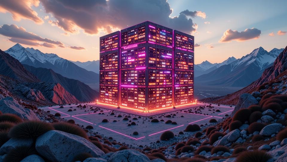 photograph, establishing shot of a New Wave Borg Cube , Orderly and Mad, from inside of a Flared The Andes Mountains