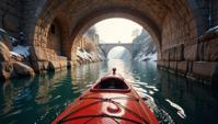 photograph, Sophisticated Kayak Container ship , from inside of a Aqueduct, Winter