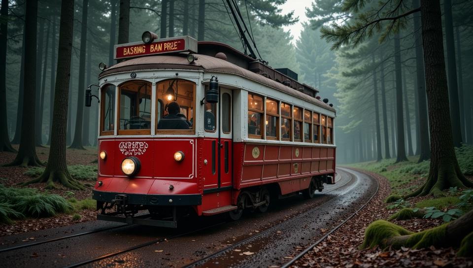 photograph, masterpiece, Dreamy Loving Sickening Red and White Gypsy Tram , detailed with Captivating details