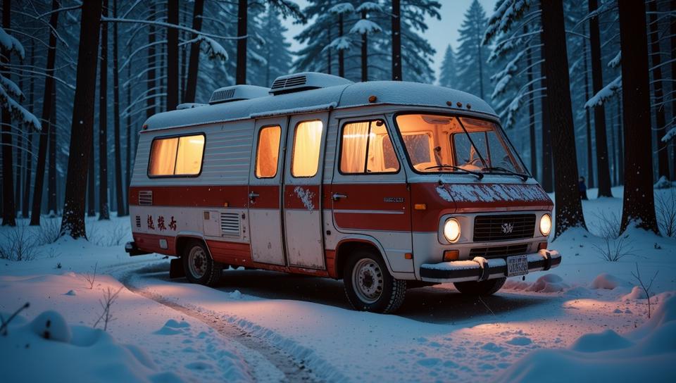 photograph, Hideous Vile Romanian Camper, Neon light shining from within Snowy, Very wide view