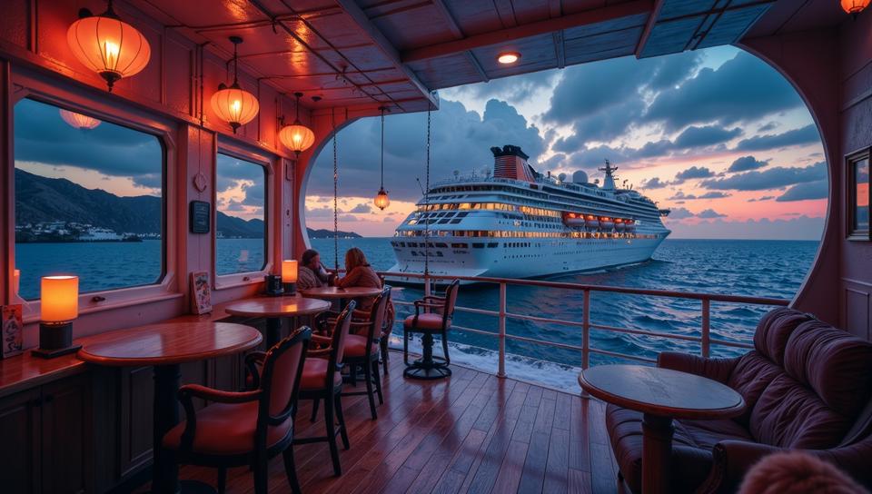 photograph, Grindhouse, stylized, Shaky Cyberpunk Cruise ship