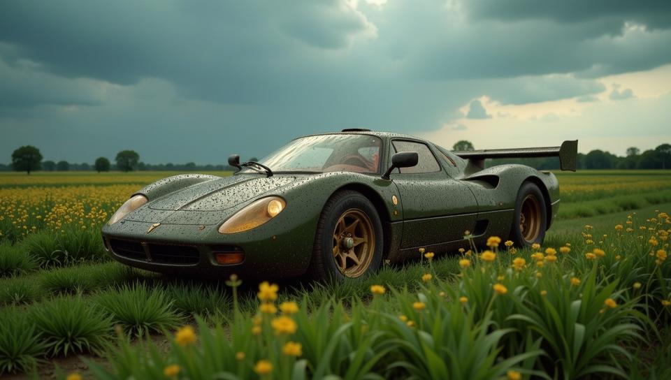 photograph, Rounded Elvish Amish hypercar , it is made from Algae, field and Wilderness background