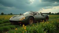 photograph, Rounded Elvish Amish hypercar , it is made from Algae, field and Wilderness background
