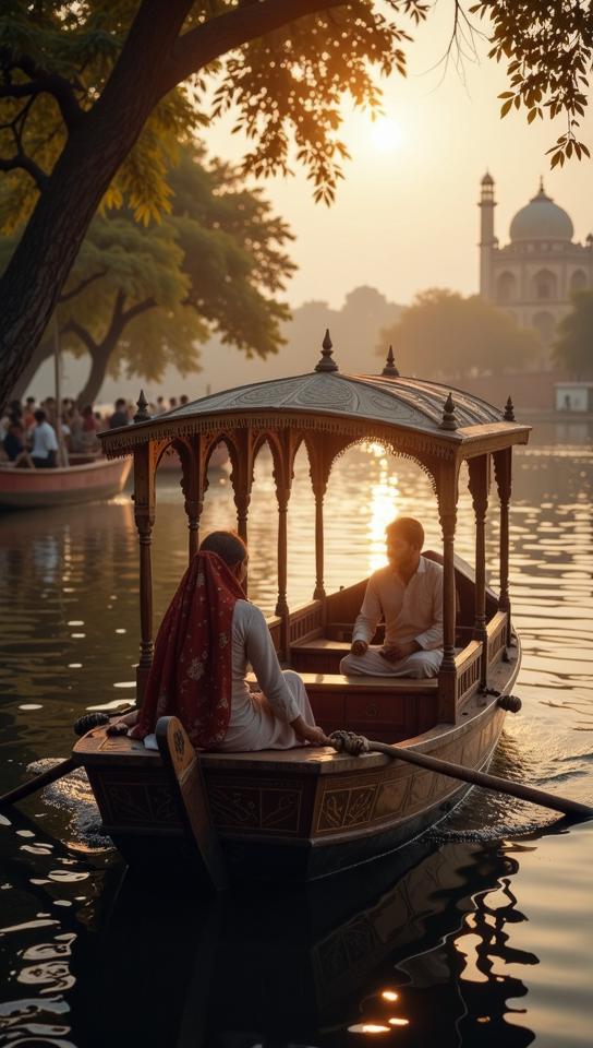 photograph, Inviting Frilled High fashion Mughal Paddle boat, ornate details, Classical