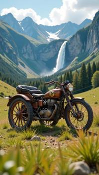 photograph, Saturated Cursed Artisanal wheeled vehicle of Beauty , mountains and Waterfall background, crowded grass