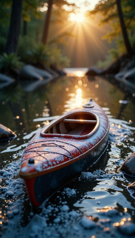photograph, Snug Lazuli Indonesian Kayak, covered in Powder, at Golden hour