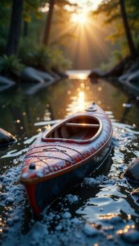 photograph, Snug Lazuli Indonesian Kayak, covered in Powder, at Golden hour