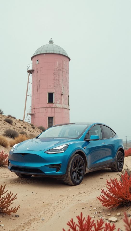 photograph, Steel Blue, Sand and Coral Tesla, the Tesla is Foggy