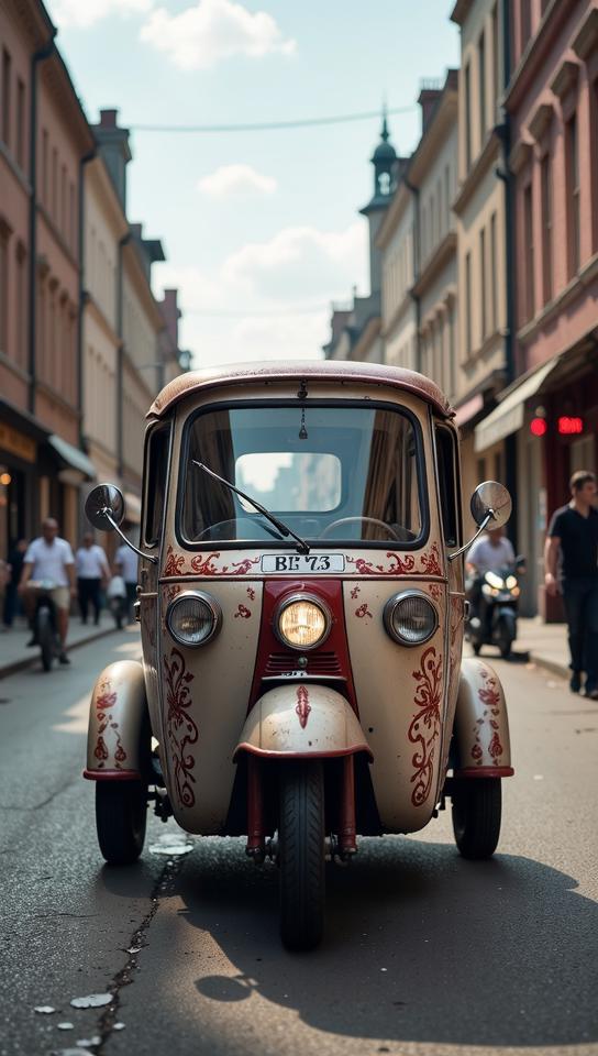 photograph, dense street, wheeled vehicle , the wheeled vehicle is Seductive and Symmetrical