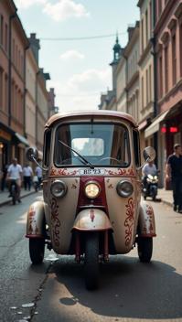 photograph, dense street, wheeled vehicle , the wheeled vehicle is Seductive and Symmetrical
