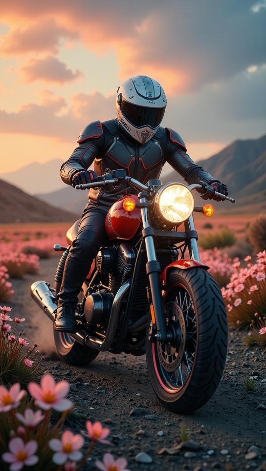 photograph, Lo Fi Fluid Motorcycle Yamaha , desolate blossoms, Vivid
