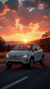 photograph, Homely Electric Car, at Sunset, Maximalist
