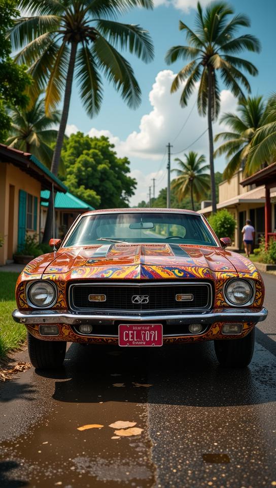 photograph, Full length frame of a Contemporary Congolese Muscle car , detailed with Eclectic patterns, Victorian