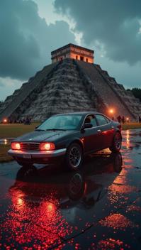 photograph, close up shot of a Fallacious Floating traditional Bauhaus Tesla, stylized, background is Wet The Pyramids of Teotihuacan