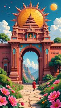 award winning, landscape of a Detailed Divine Bhimbetka and Vibrant Gate, Spring, Post Punk