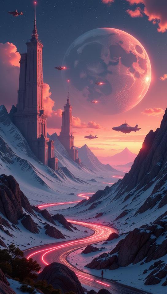 surreal, landscape of a Wonderful Space Transport Hub, war, a battle with lasers going on in the distance Clear skies