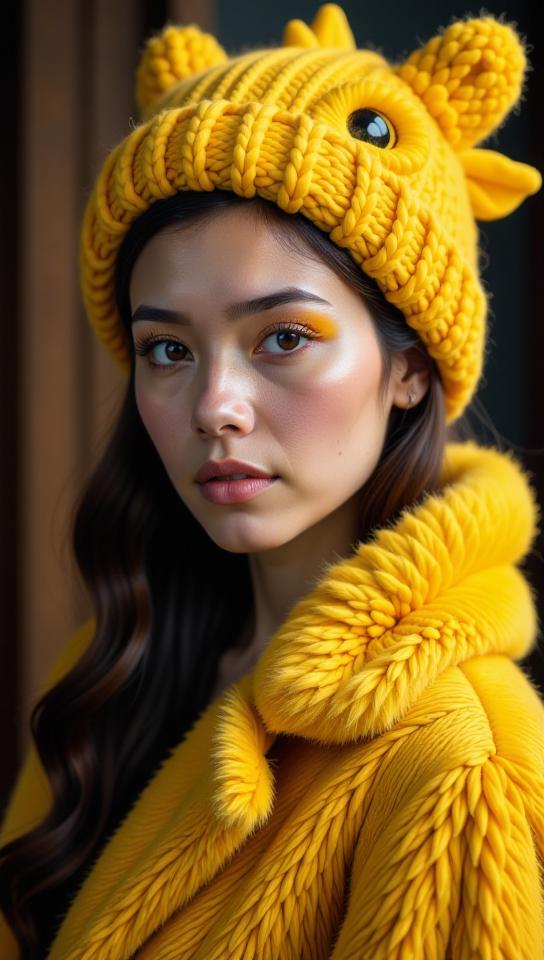 photograph, cozy all american Girl Dragon knight, the Girl is dressed in a deep yellow Fur and Knit headwear, It is glamourous