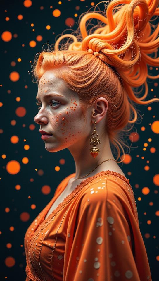 orange flakes, Bronzepunk, three colors, Psychedelic In the tapestry of interconnectedness
