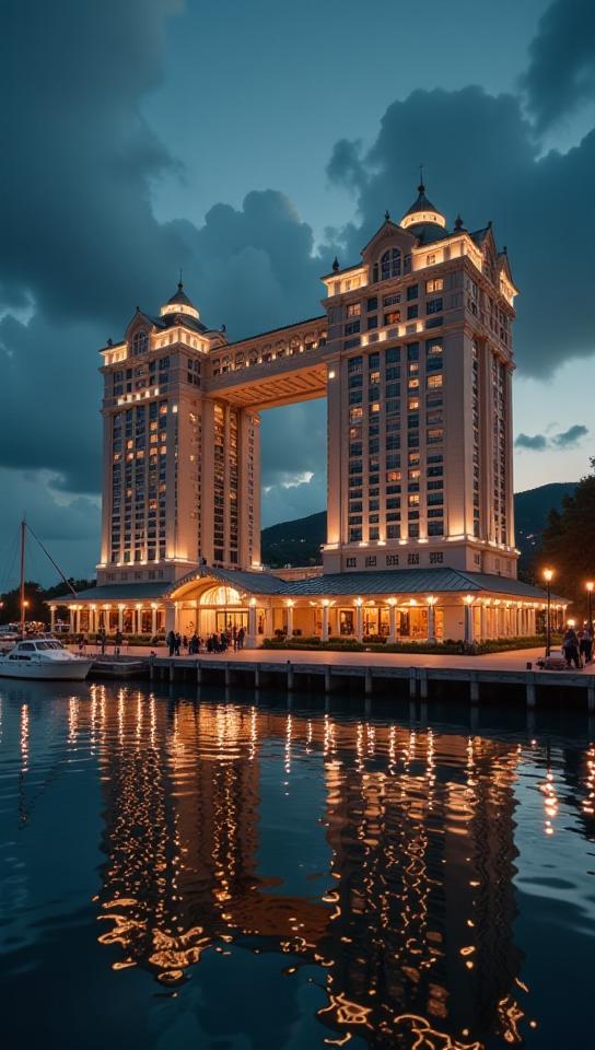building, architecture of a Figural Marina, Ambient lighting, Oversaturated