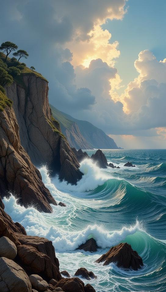 painting, Overwhelmed seascape, art by Alfred Guillou, French Realism