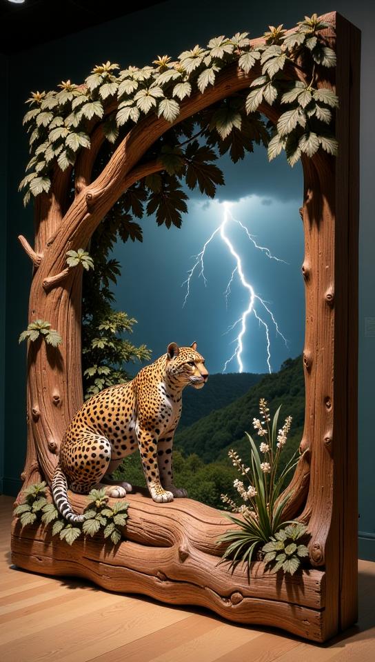 Wood Carving of a Meadow, with Leopard accessories, inside a Museum, Thunderstorm