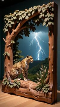 Wood Carving of a Meadow, with Leopard accessories, inside a Museum, Thunderstorm