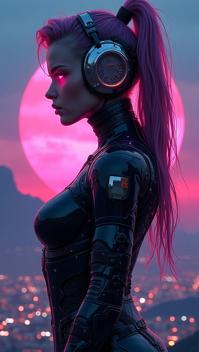 cyberpunk, concept art, cyborg Martina , background is night city