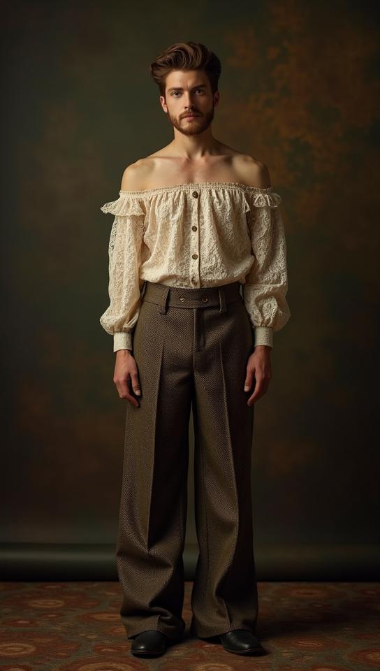 digital art, Guy , wearing Filet Lace and Tweed Wide leg pants and off the shoulder top, UHD
