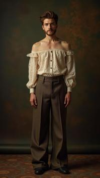 digital art, Guy , wearing Filet Lace and Tweed Wide leg pants and off the shoulder top, UHD