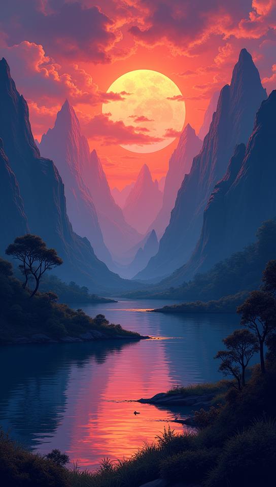 Cel Shaded Art, Thunderclap Mountains of the Stormbringers from inside of a Burundi, it is Bewitching and Illuminated, lake