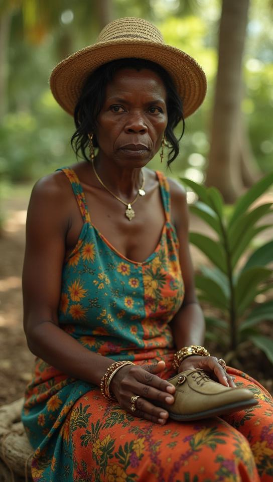 insane details, selfie of a traditional Bahamian Female Shoemaker , Mysterious, trees