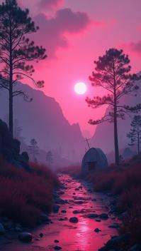 landscape of a Awful Scarlet, Lavender and Silver Alien Sanctuary from inside of a Campground, Neo Expressionism, soft lighting