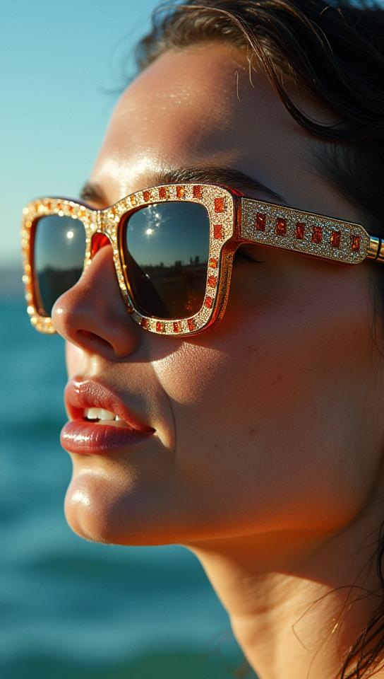 photograph, Narrative Incredibly Detailed Sunglasses, with Squares embroidery, background is water