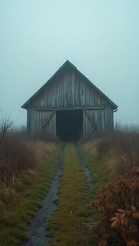 photograph, aesthetic, Biopunk Tough Barn, Foggy