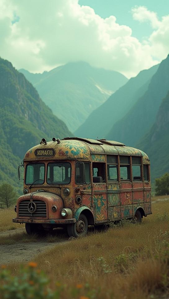 by Eug ne Atget and Michal Karcz , photograph, upper body shot of a Stale Baroque Bus , mountains