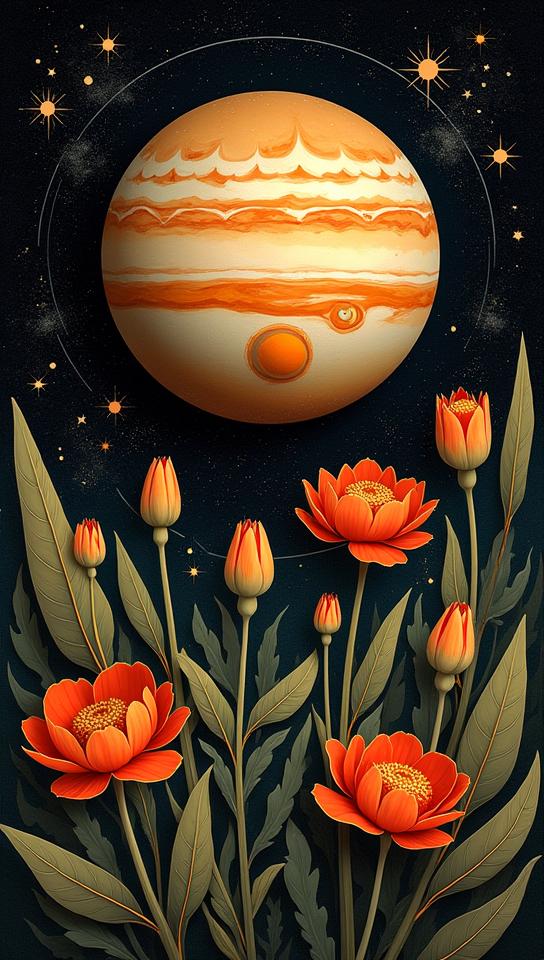 art by Koloman Moser and Michael Kenna , photograph, Symmetrical Planet Jupiter , at flowers