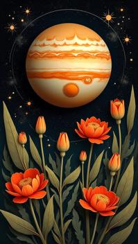 art by Koloman Moser and Michael Kenna , photograph, Symmetrical Planet Jupiter , at flowers