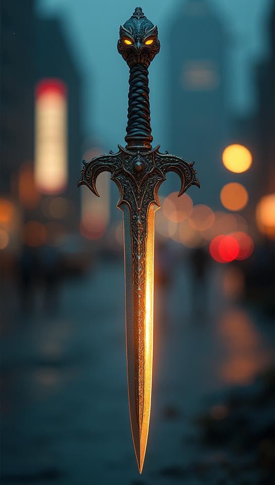 photograph, concept art, Graceful Urban Dagger, it is anthropomorphic with a face