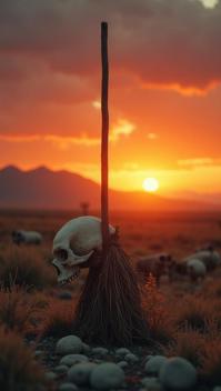 stylized by Ed Freeman, photograph, cinematic shot of a Skulls Broomstick , smooth