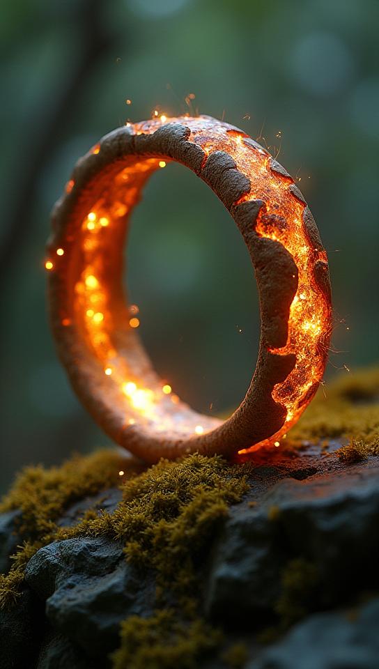 photograph, stylized, side profile of a Rustic Scottish Magic ring, horizon centered