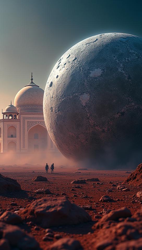 photograph, medium wide shot of a Weary Inspired Dwarf Planet Haumea , intricate details, Taj Mahal in background