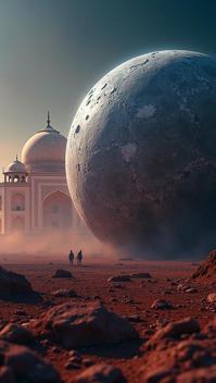 photograph, medium wide shot of a Weary Inspired Dwarf Planet Haumea , intricate details, Taj Mahal in background