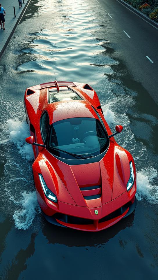 photograph, overhead angle of a Ferrari , the Ferrari is lower class, with Dots embroidery