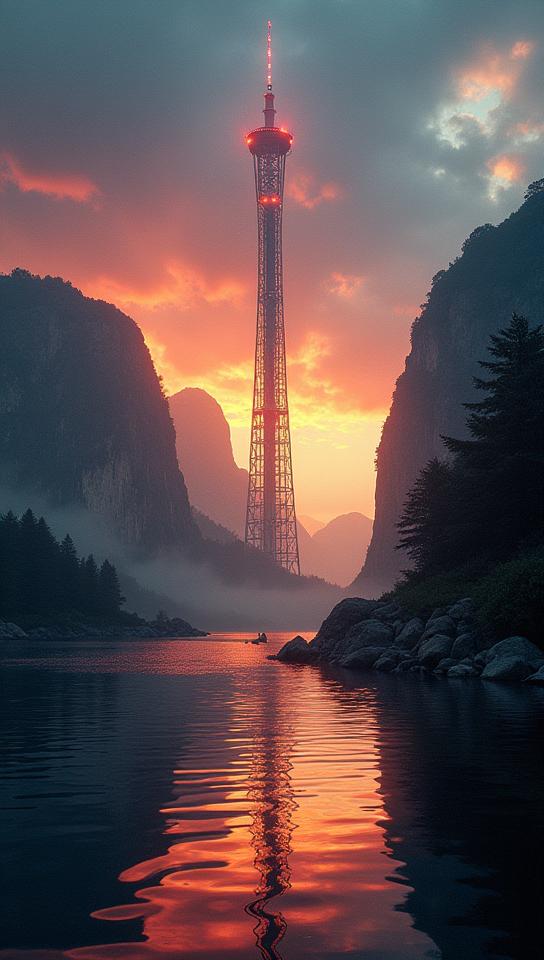 designed by Kevin McNeal, photograph, professionally shot of a Space elevator , water