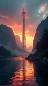 designed by Kevin McNeal, photograph, professionally shot of a Space elevator , water