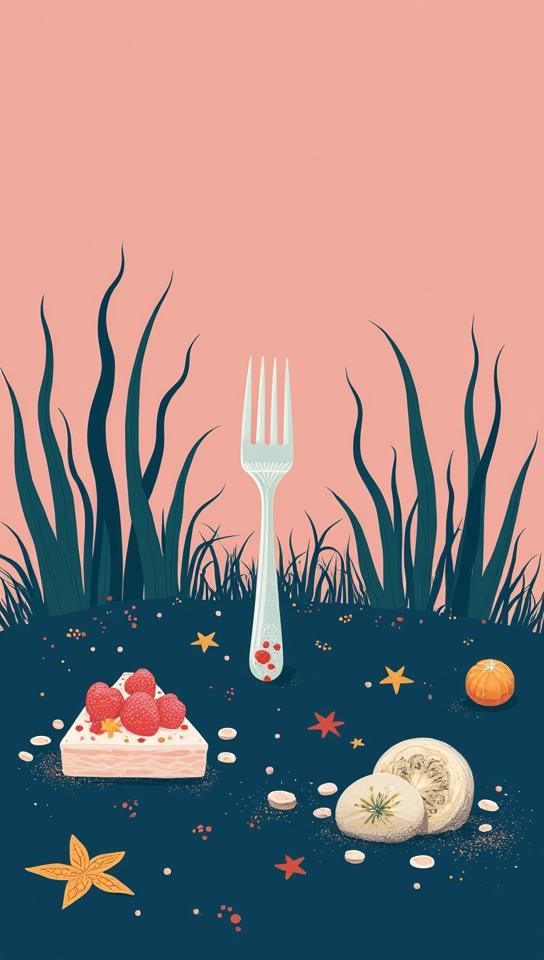 photograph, Disgusting Pathetic Festive Pond water lilies fork , Navy Blue and Blush Pink background, Simple illustration
