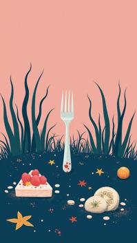 photograph, Disgusting Pathetic Festive Pond water lilies fork , Navy Blue and Blush Pink background, Simple illustration