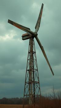 photograph, close up shot of a Striking Dreadful Soviet Wind turbine, Tovarisch background, Stormy weather