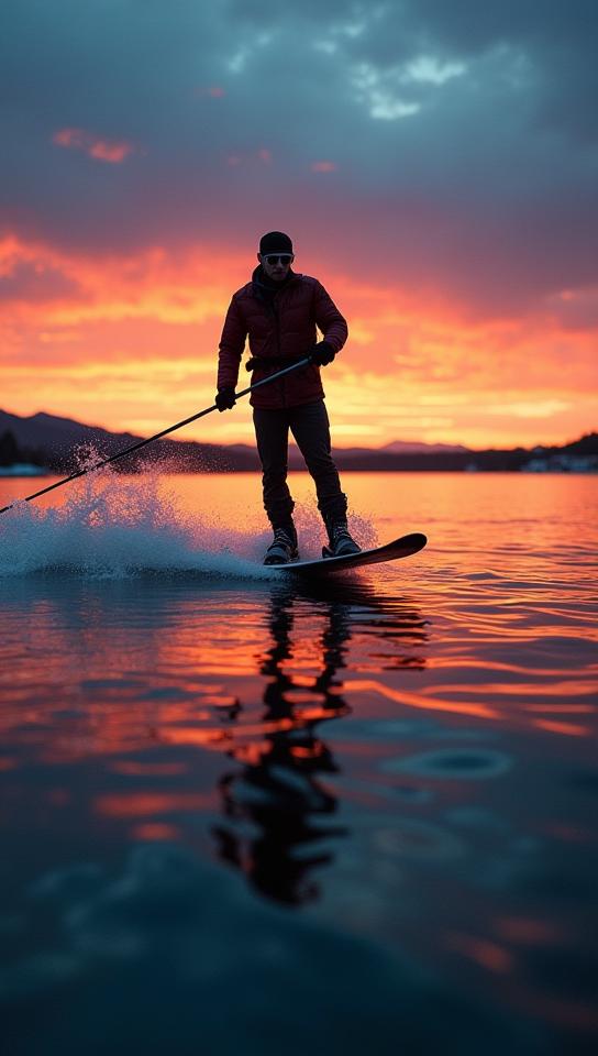 photograph, Realistic Water skis, at Blue hour, deep focus