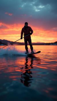 photograph, Realistic Water skis, at Blue hour, deep focus
